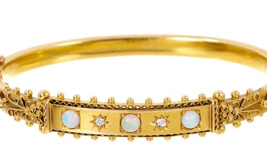 Late Victorian 15ct gold opal and diamond hinged bangle