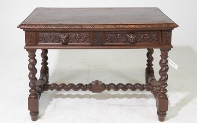 Louis XIII Style Carved Oak French Twist Writing Table