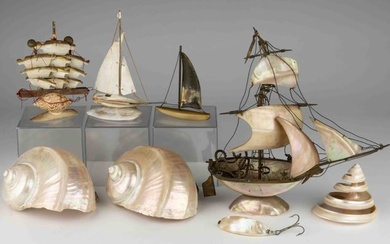 MOTHER-OF-PEARL / SHELL SHIP MODELS AND ARTICLES, LOT OF EIGHT