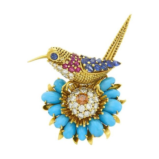 Marchak Paris Gold, Diamond, Turquoise and Colored Stone Hummingbird Clip-Brooch