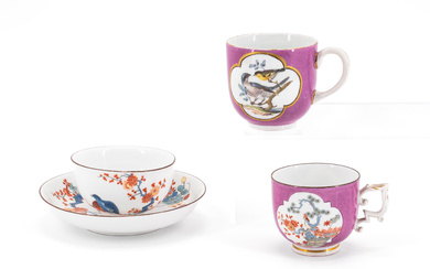 Meissen | ONE PORCELAIN CUP AND SAUCER WITH QUAIL DECOR & TWO CUPS WITH PURPLE BACKGROUND AND BIRD DECOATIONS