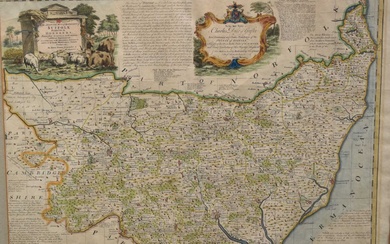 Mid 18th century hand coloured engraved map by Emanuel Bowen, 'Suffolk Divided into its Hundreds, 52cm x 70cm, in glazed frame