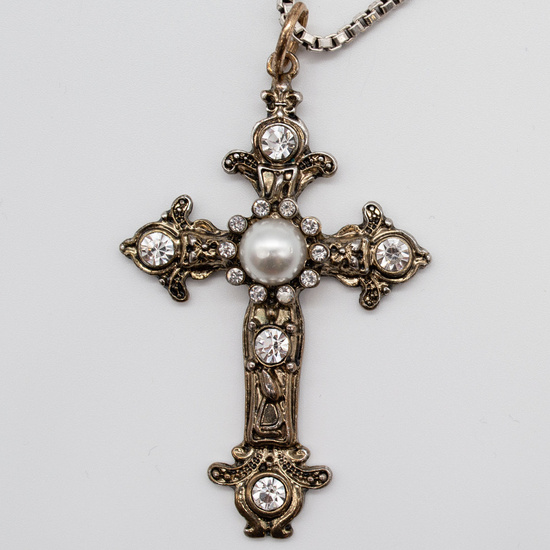 NECKLACE WITH CROSS PENDANT WITH PEARL AND RHINESTONES, 925 STERLING SILVER VENETIAN CHAIN.
