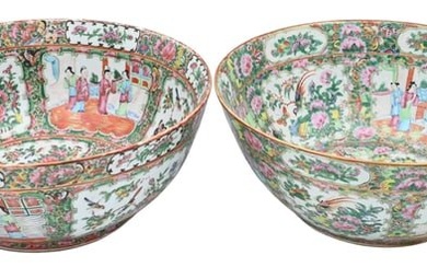 Near Pair of Chinese Porcelain Rose Medallion Punch Bowls