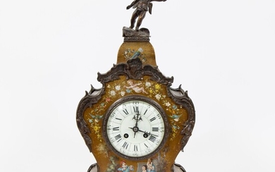 Nineteenth century French mantel clock painted with a romantic scene, cherub, birds and flowers and decorated with bronze cherub.