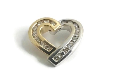 Open Heart Diamond Two-Tone Necklace Pendant 14K Yellow White Gold, 2.61 Grams