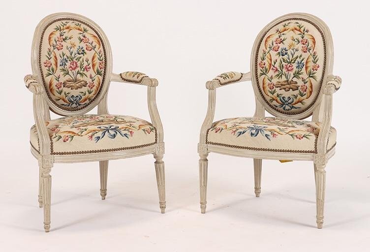 PAIR FRENCH NEEDLEPOINT OPEN ARM CHAIRS C.1900