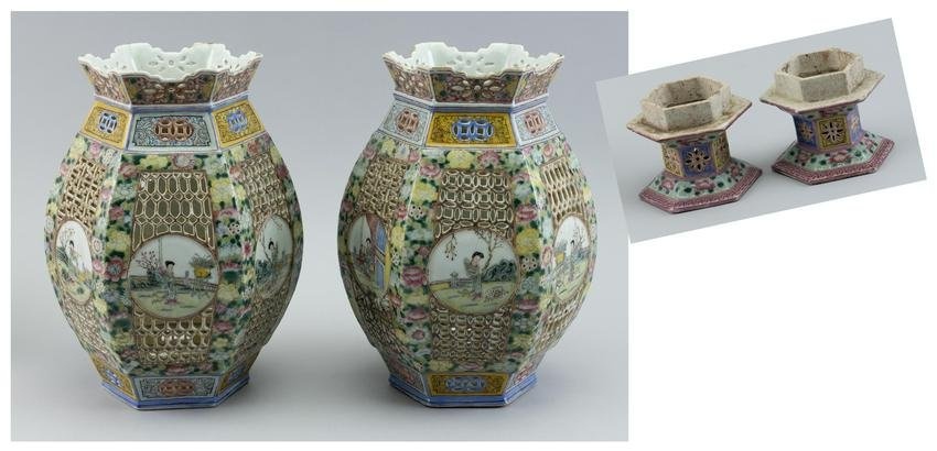 PAIR OF CHINESE FAMILLE ROSE PORCELAIN WEDDING LANTERNS 19th Century Heights 13". Widths 7".
