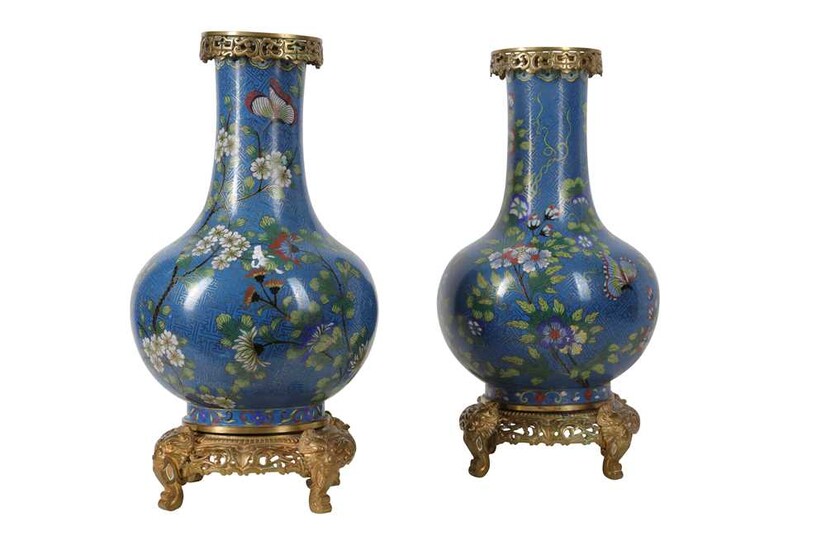 PAIR OF LATE 19TH CENTURY GILT METAL MOUNTED CHINESE CLOISONNE VASES