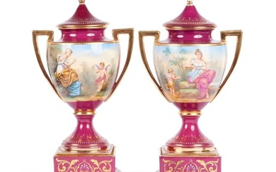 PAIR OF NEOCLASSICAL STYLE ROYAL VIENNA LIDDED URNS