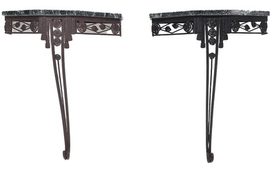 PAIR OF PAINTED IRON MARBLE TOP ART DECO CONSOLE TABLES...