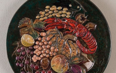 PIETRO MELANDRI (FAENZA, 1885 - 1976) "Grande piatto con frutta e aragosta", anni '50 del...
