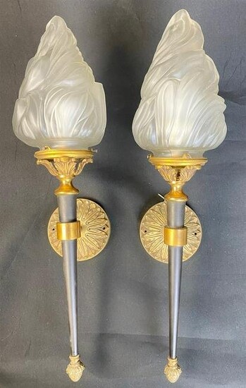 PR. OF GILT BRONZE AND EBONY TORCHIERE WALL LAMPS