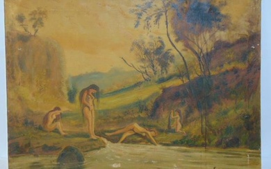 Painting, "Bathers", Louis Eilshemius (El Sheamus), oil on canvas, dated 1916, 2 small tears, loss