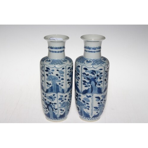 Pair Chinese blue and white vases decorated with panels of f...