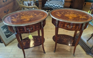 Pair Mid-Century Inlaid Marquetry Wood French Side