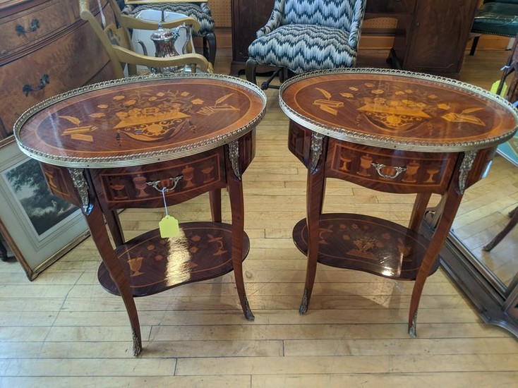 Pair Mid-Century Inlaid Marquetry Wood French Side
