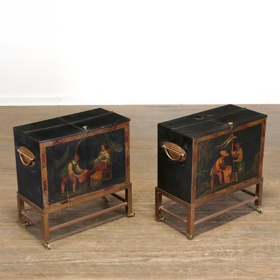 Pair antique English tole chinoiserie tea chests