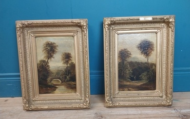 Pair of 19th C. oil on canvas Woodland Scenes mounted in gil...