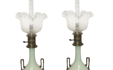 Pair of Celadon porcelain oil lamps, nineteenth century