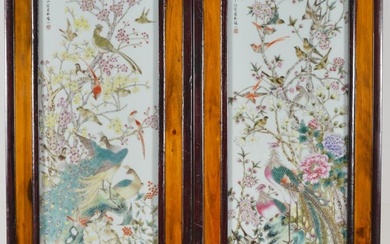 Pair of Chinese Porcelain famille rose plaques with birds in branches decoration. Framed.