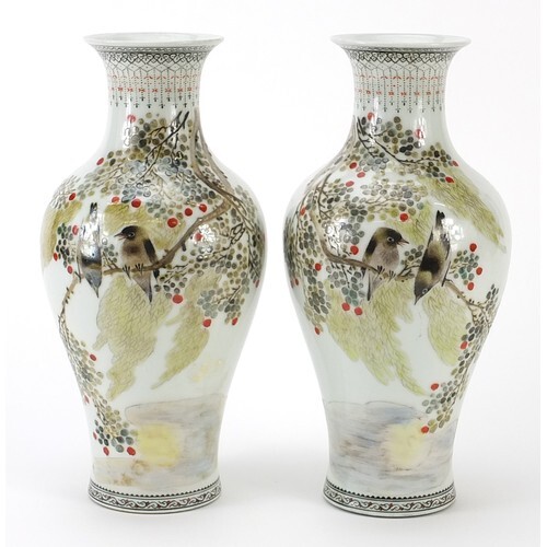 Pair of Chinese porcelain baluster vases hand painted with b...