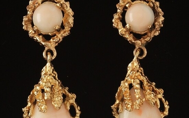 Pair of Gold and Angel Skin Coral Pendant Earrings