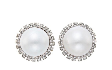 Pair of Platinum, Mabé Pearl and Diamond Earclips