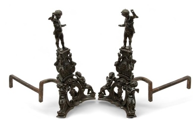 Pair of Rococo Style Bronze Figural Andirons, H 40" W 20" Depth 13"