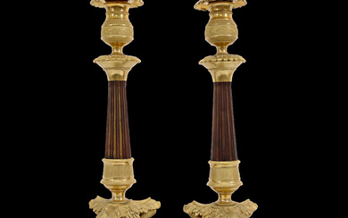 Pair of candlesticks in gilded bronze and wood, France, 19th...