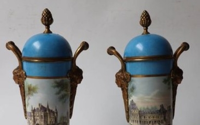 Pair of covered porcelain pots with polychrome decoration...