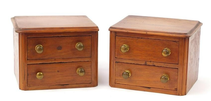 Pair of miniature walnut two drawer chests, each 17cm H