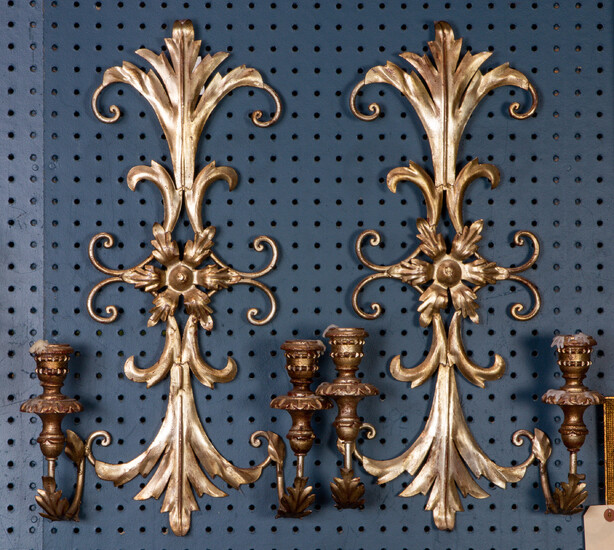 Pair of tole decorated two light wall sconces
