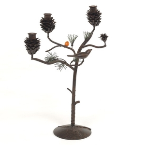 Patinated and Cold Painted Metal Three-Light Pine Tree Candelabrum