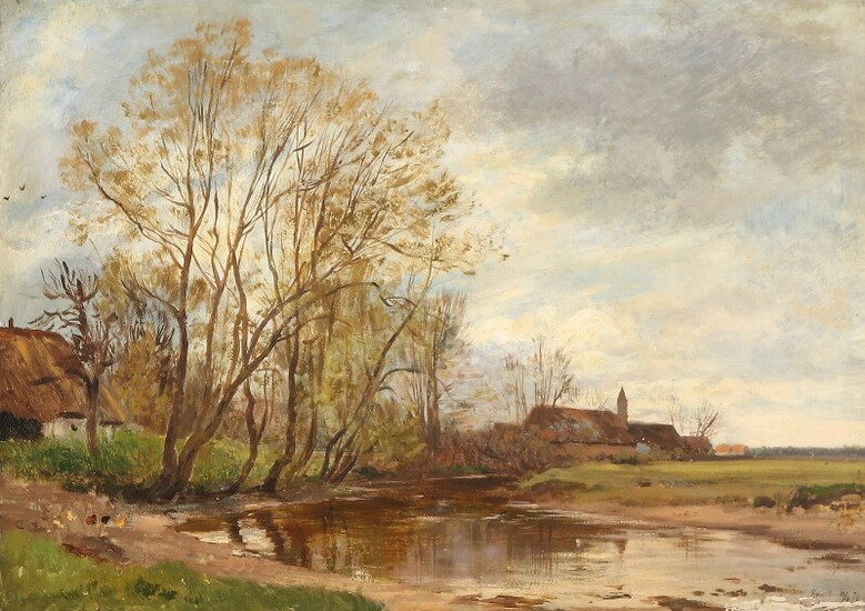 Philipp Röth: Spring landscape with trees in sprout at a watercourse, probably Austria. Indistinctly signed and dated Bruck 29/4 78. Oil on canvas. 45×64 cm.