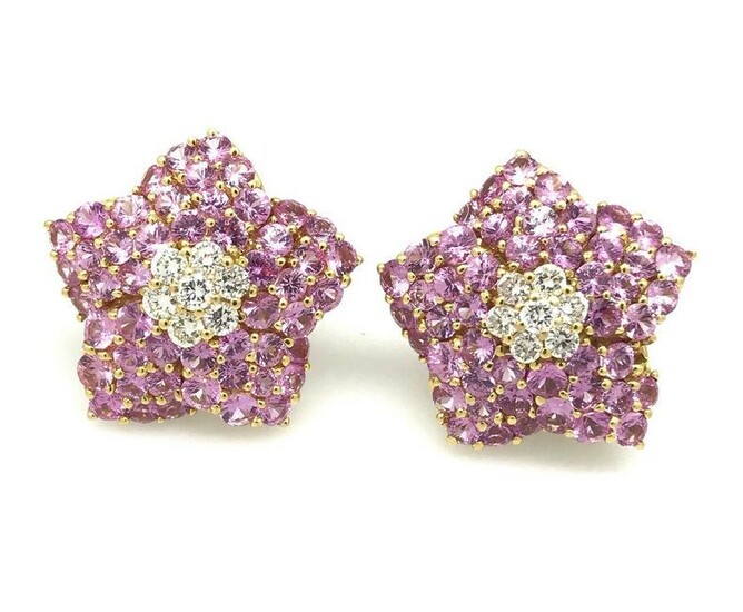 Pink Sapphire & Diamond Flower / Star Earrings in 18k