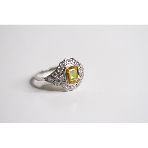 Platinum Yellow Sapphire Ring, octagonal cut yellow sapphire...