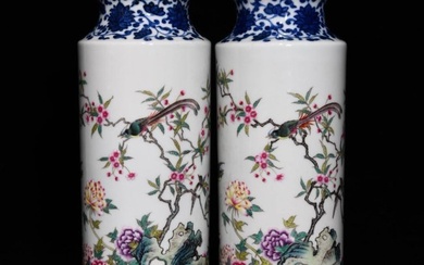 Qing Qianlong blue and white pastel vase with flower and bird patterns