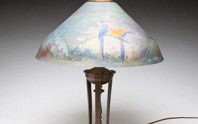 REVERSE PAINTED LAMP WITH PAIRPOINT BASE.