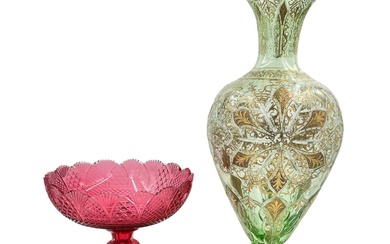 RUBY BOHEMIAN GLASS TAZZA AND LARGE GREEN GLASS VASE...
