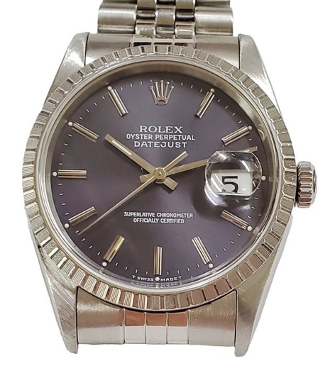 Rolex Datejust 16220 Purple Dial Jubilee Bracelet Engine Turned Bezel Quickset Steel Watch