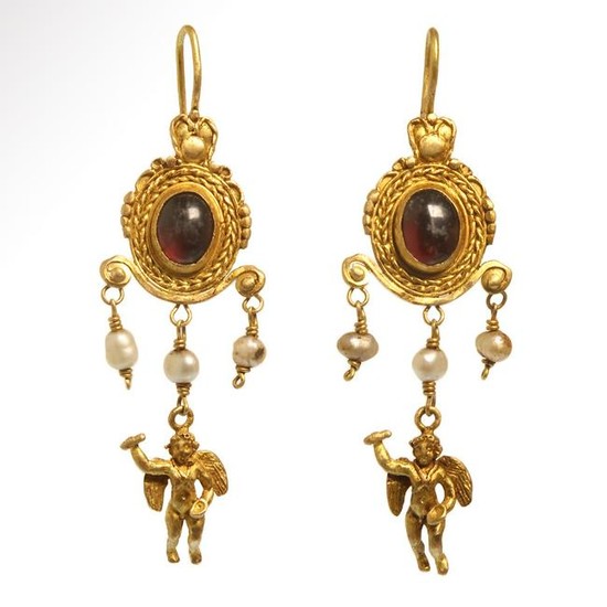 Roman Gold and Garnet Loop Earrings with Eros, Roman