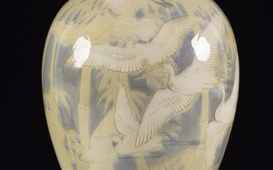 Rookwood Pottery fine 1899 Kataro Shirayamandani iris glaze vase. Tropical landscape with palm trees