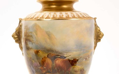 Royal Worcester vase and cover decorated with highland cattle by James Stinton