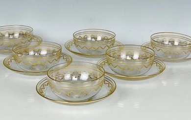 SET OF 6 ETCHED AND GILT GLASS FINGER BOWLS AND PLATES
