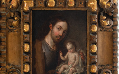 Saint Joseph with the Child on copper, Novohispanic colonial school,...