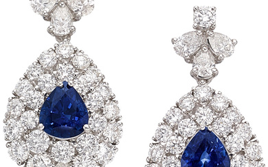 Sapphire, Diamond, White Gold Earrings Stones: Pear-shaped sapphires weighing...