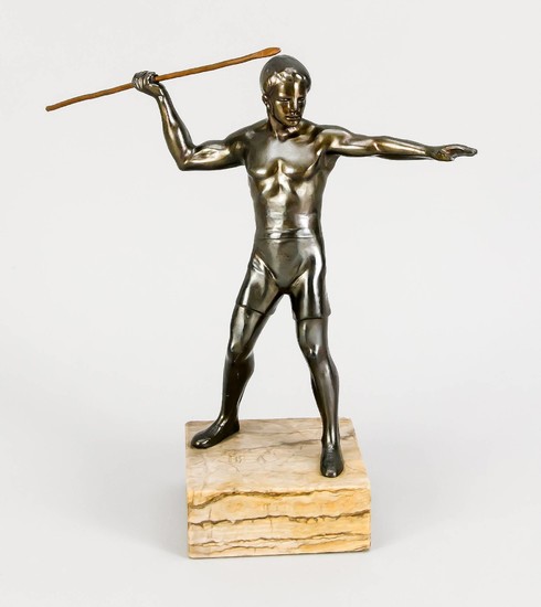 Sculptor around 1940, javelin thrower, patinated metal casting...