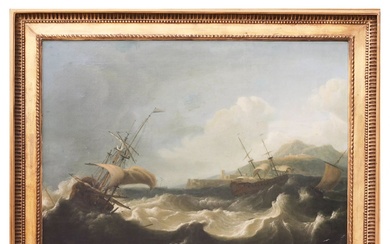 Seascape Stormy sea with sailboats. 18th - 19th century.