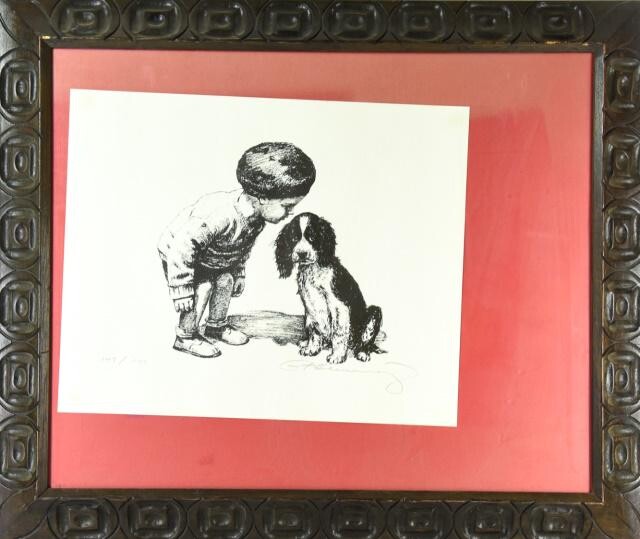Signed Etching Of Young Boy With Dog